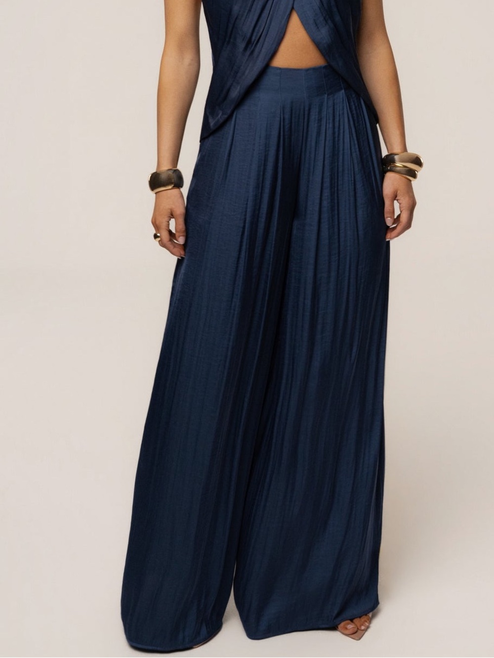 JLUXLABEL Navy Wide-Leg Crinkle Palazzo Pants - Picture 3 of 10